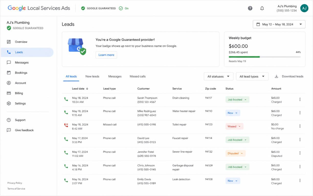 Example Local Service Ads dashboard showing performance for a local service business